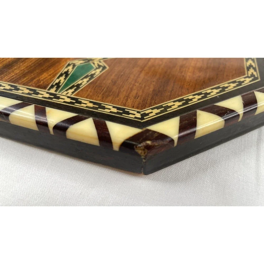 Vintage Spanish Taracea Marquetry Wooden Tray Octagonal Geometric Inlay Platter